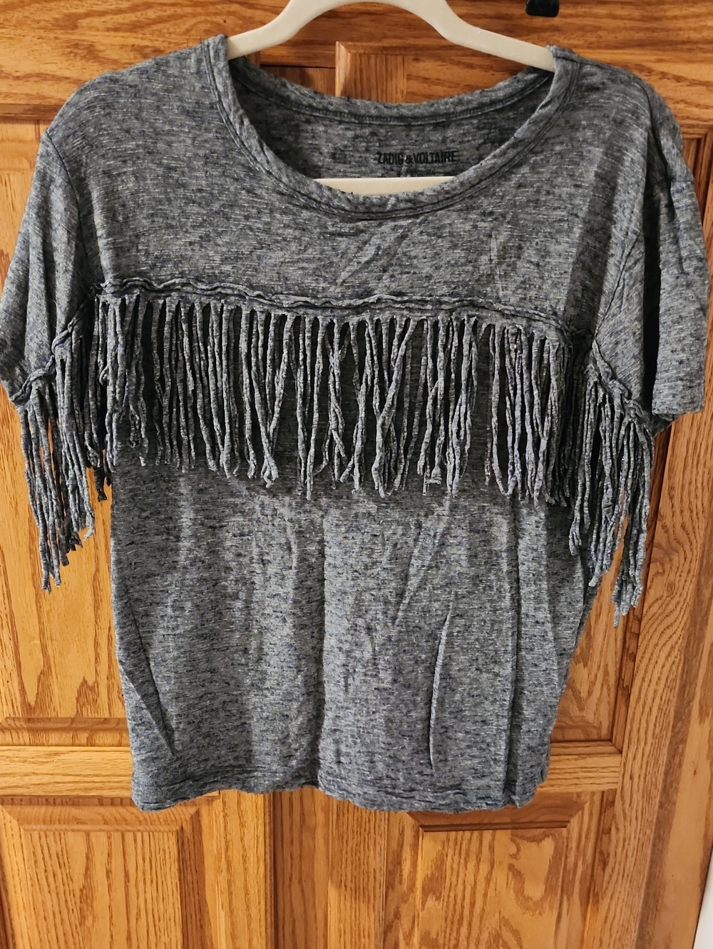 Zadig & Voltaire Grey Fringe Short Sleeve Top